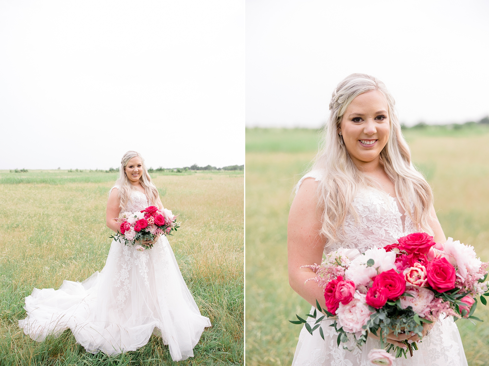 bride stands in field with bouquet of bright pink flowers 
