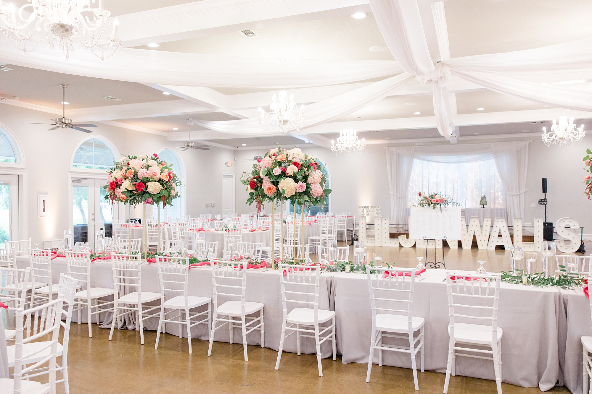 pink and white decor for Willow Creek wedding reception