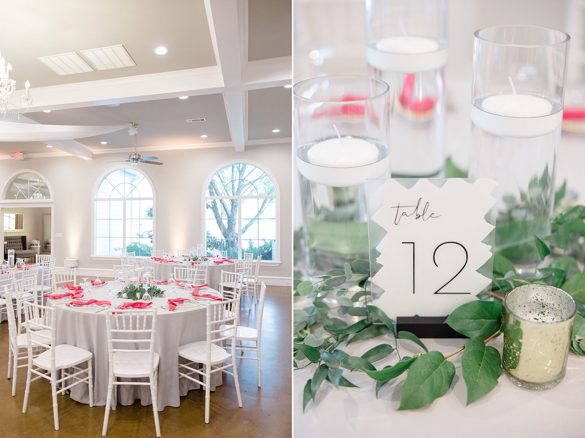 Willow Creek wedding reception table numbers with greenery and gold candles