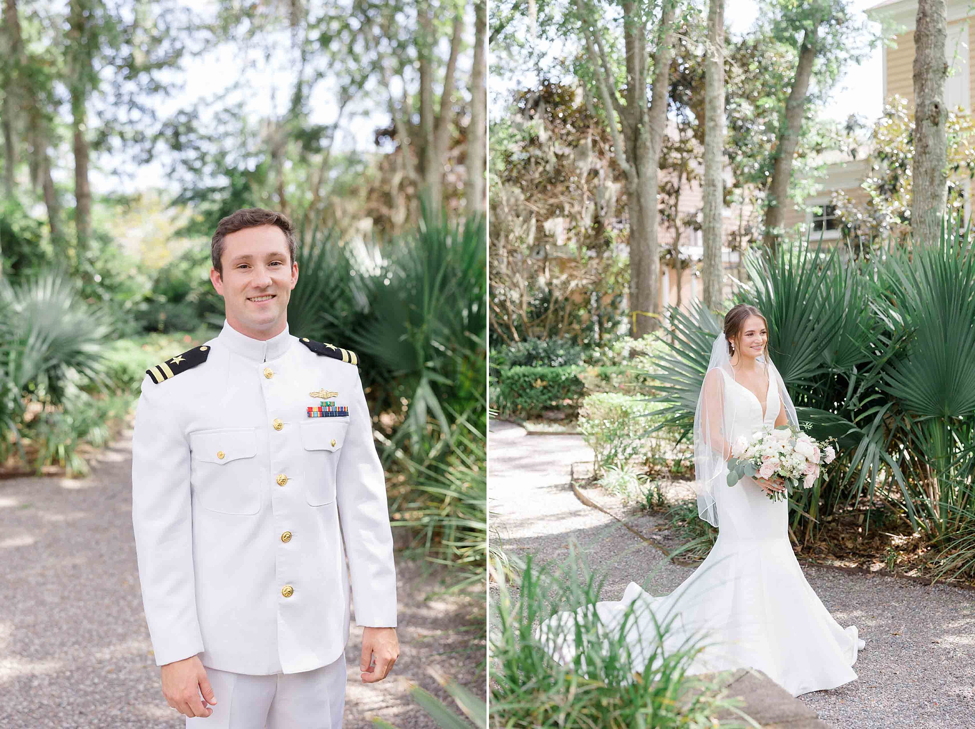 groom waits in Navy uniform for bride in Charleston SC