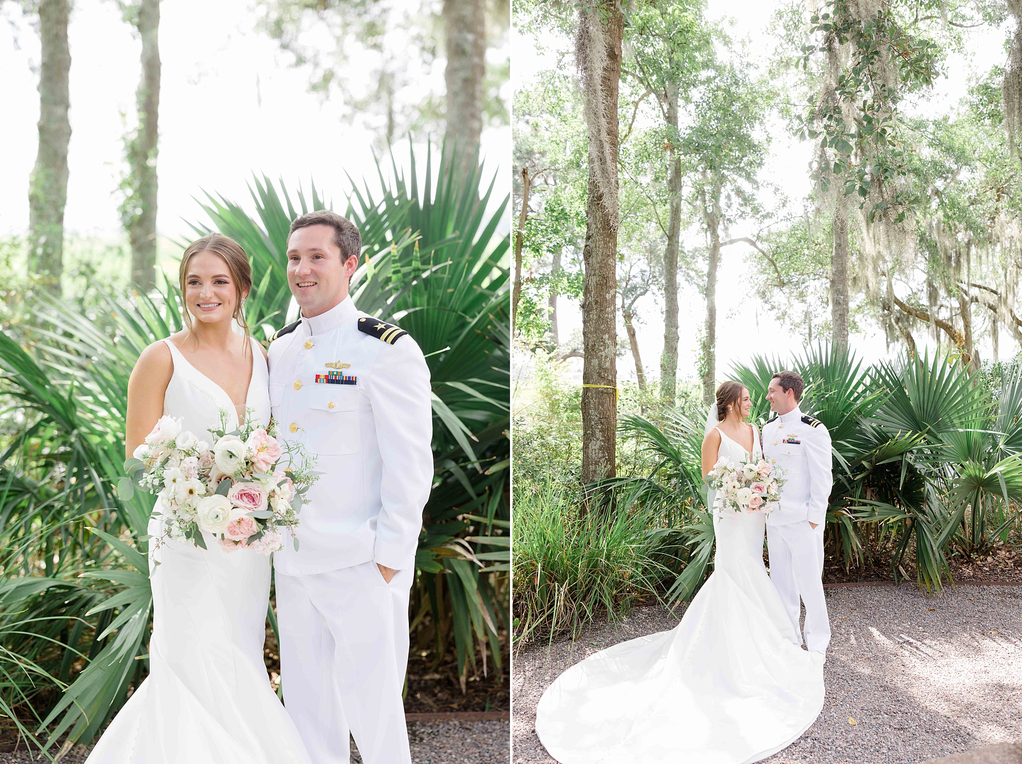 Naval officer poses with bride near palm trees at Club Creek at Ion