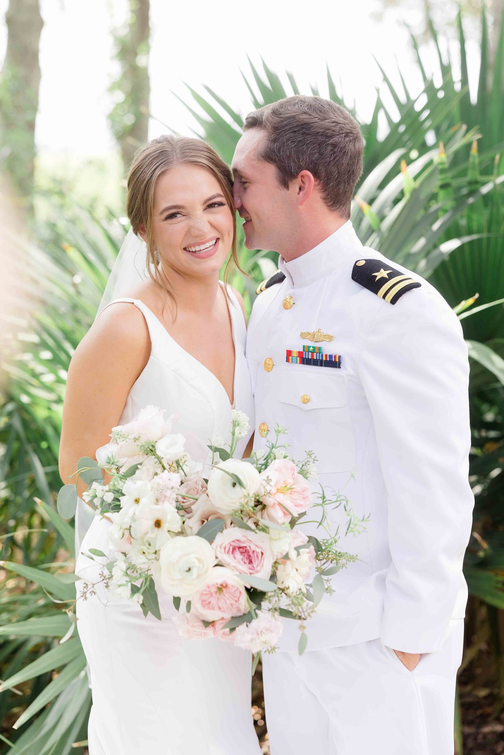 groom nuzzles bride's cheek during SC wedding portraits 