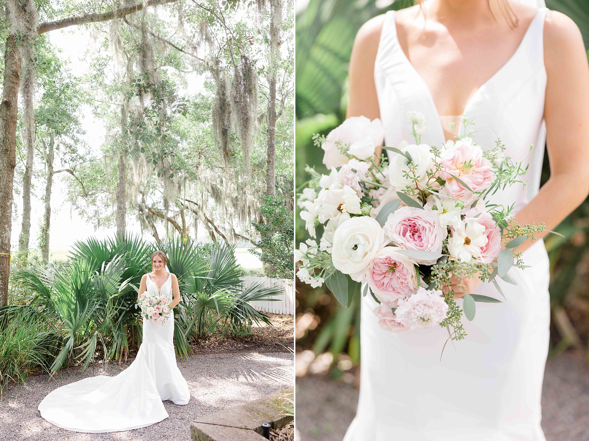 bride poses by green leaves at Club Creek at Ion with pink and white bouquet 