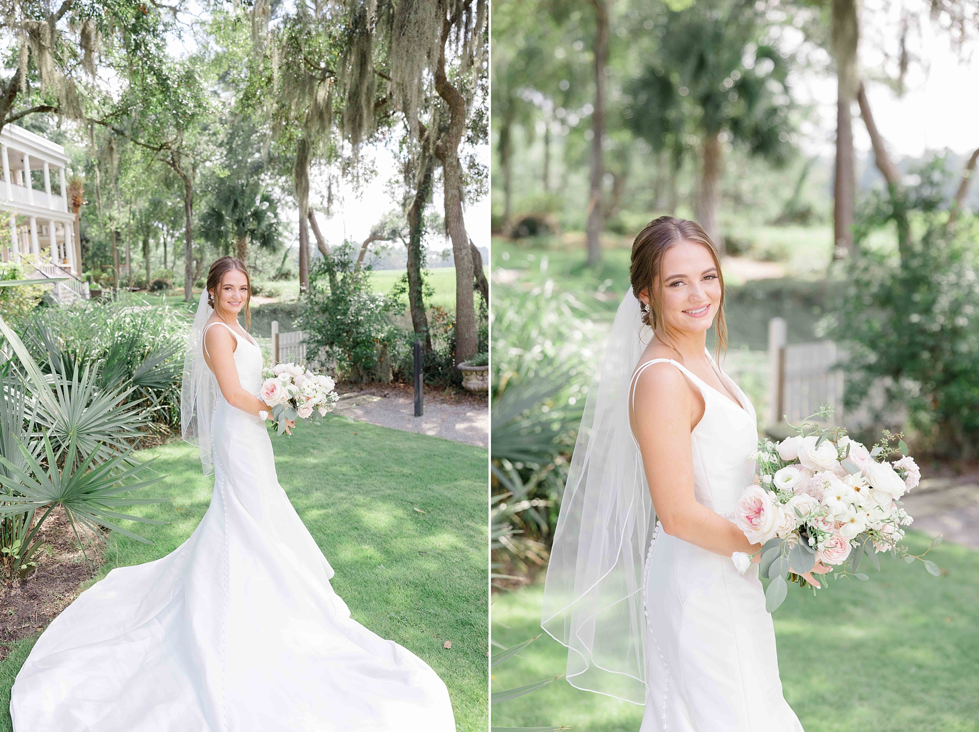 bride smiles over shoulder holding pink and white bouquet on lawn of Club Creek at Ion