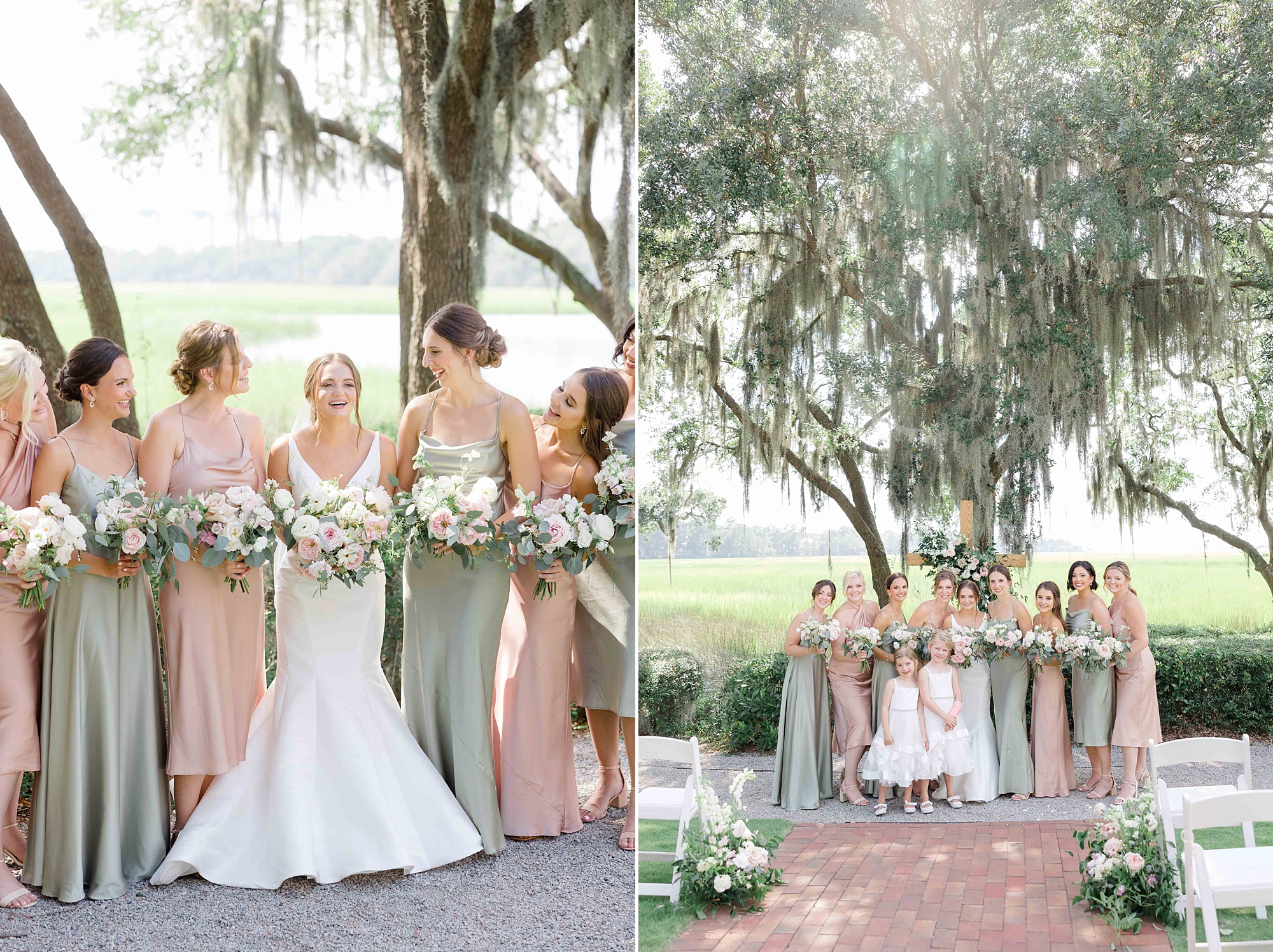 bride poses with bridesmaids in pastel pink and sage gowns