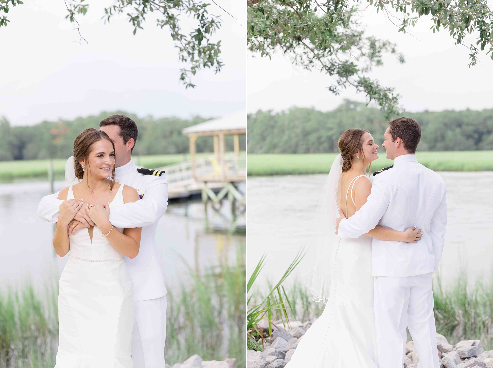 bride and groom hug along waterfront in Charleston SC