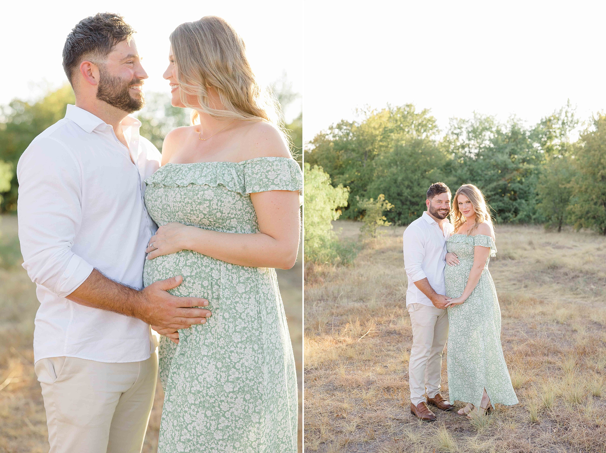 man smiles at wife during maternity portraits in field at sunset