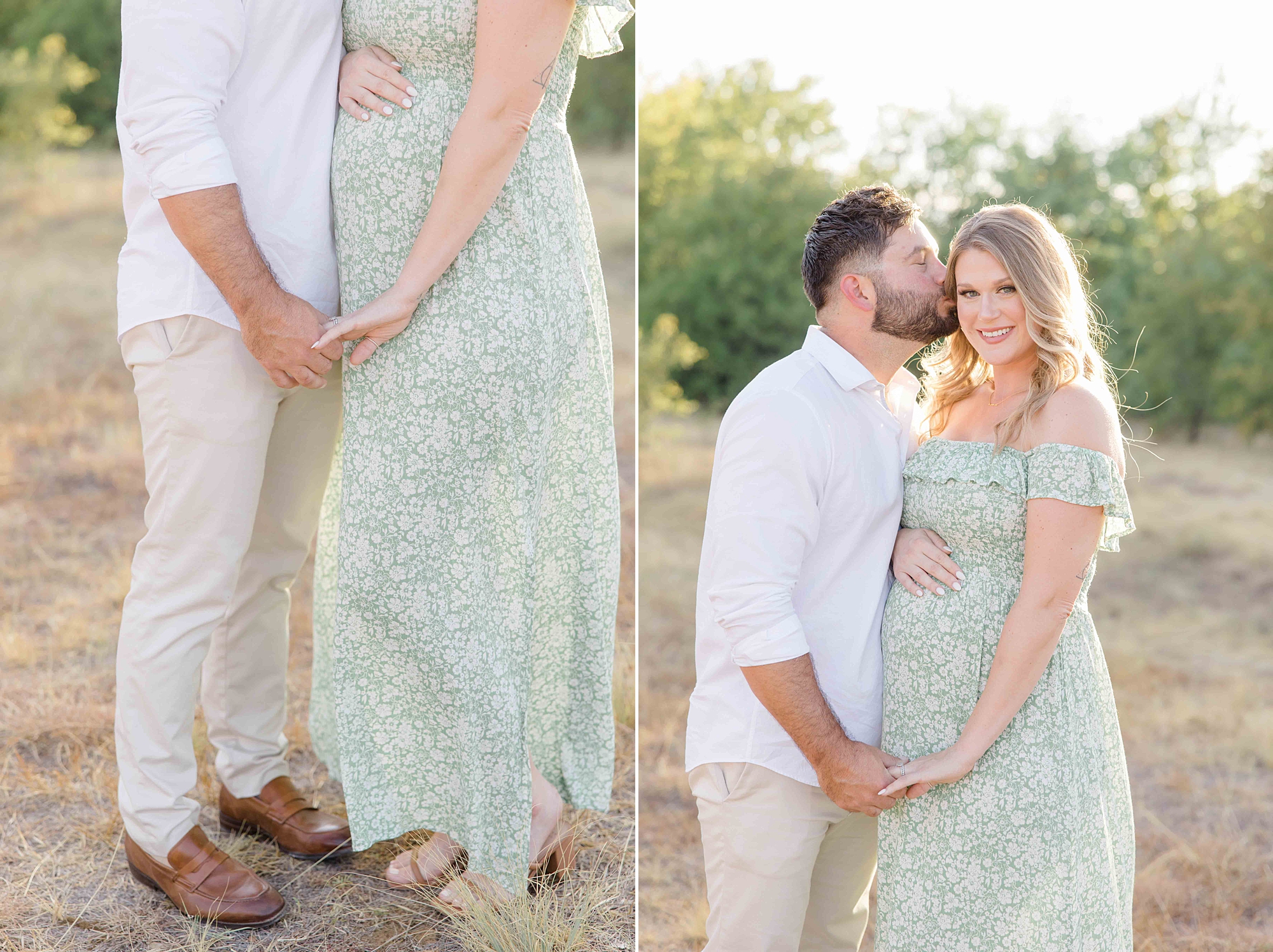 man leans to kiss woman's cheek during maternity photos