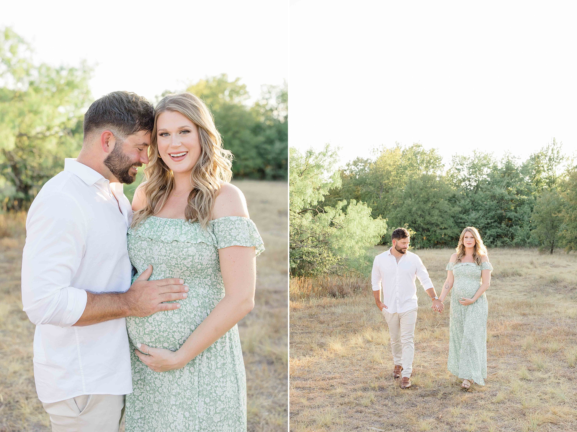 woman leans against husband holding baby bump in field