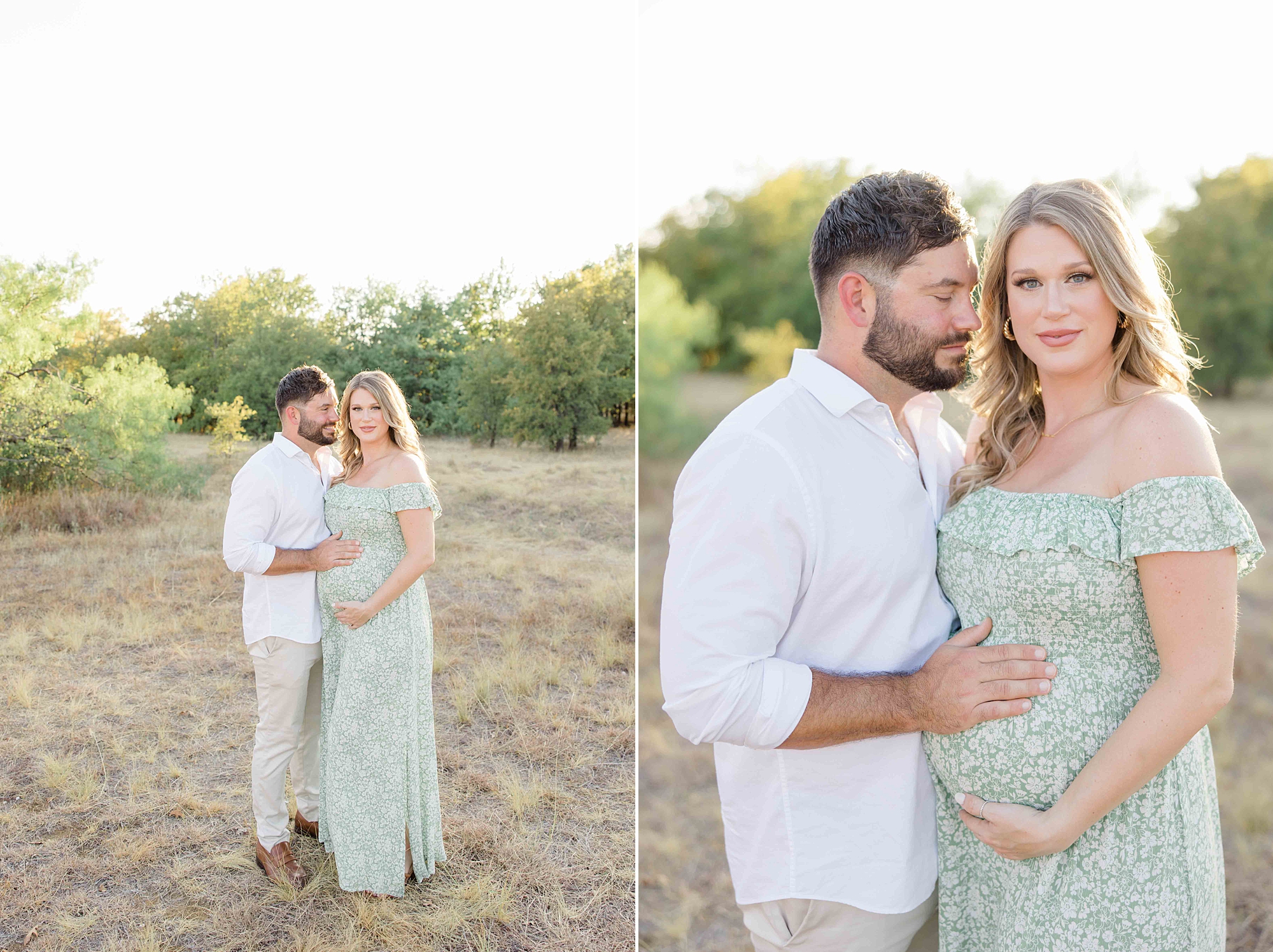 couple stands together in field during Murrell Park maternity session