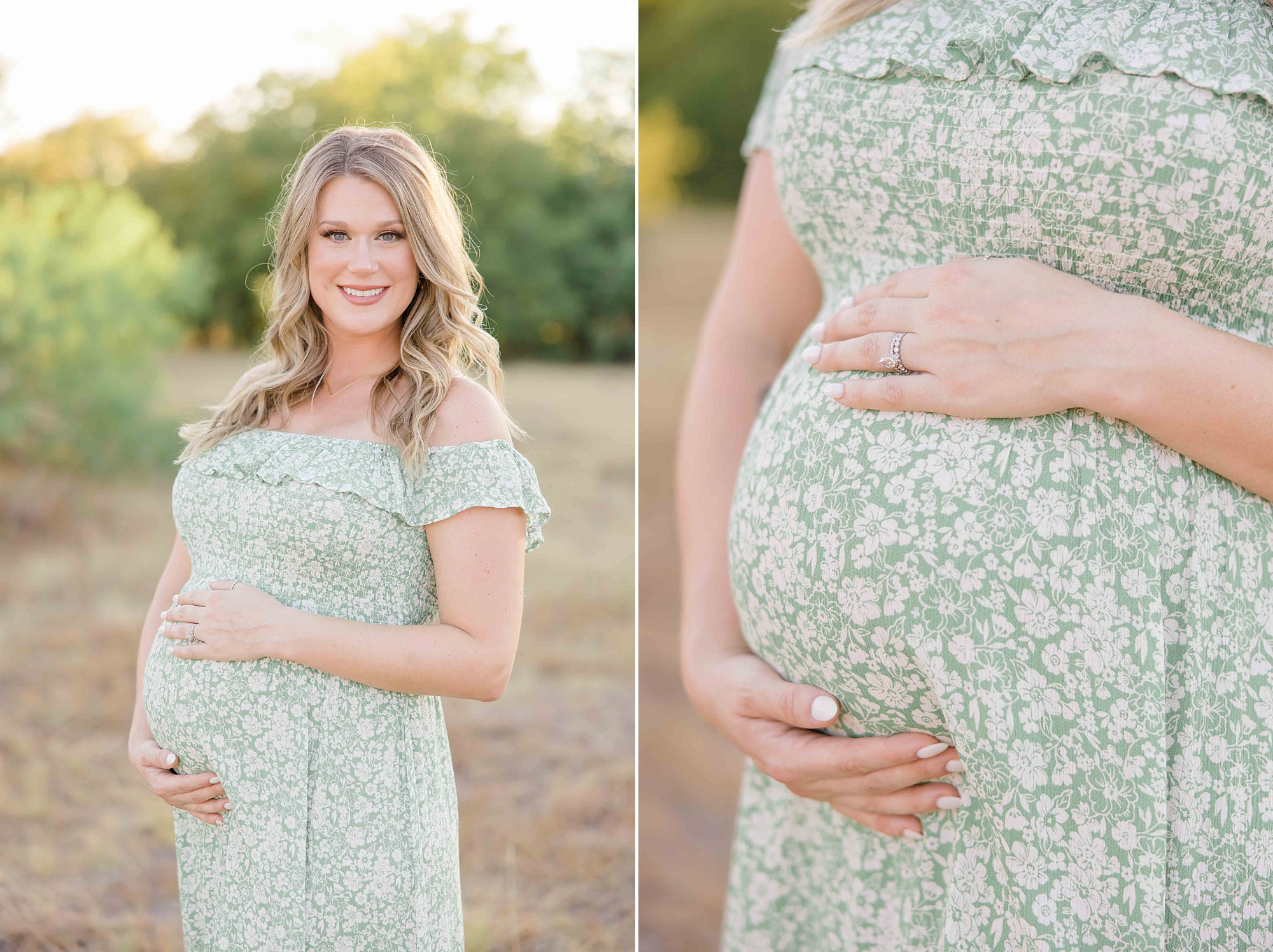 expecting mother holds baby bump in green dress during TX maternity photos