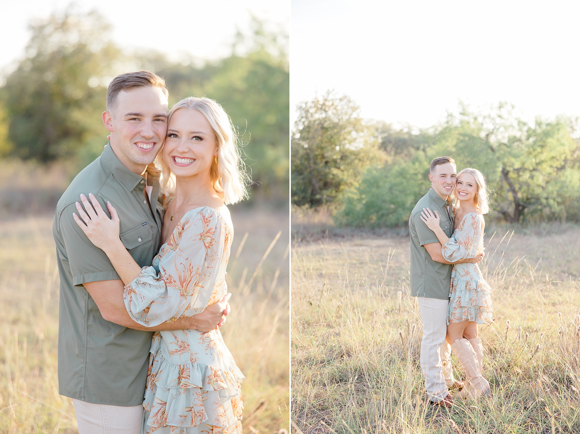 engaged couple poses in dressy outfits 