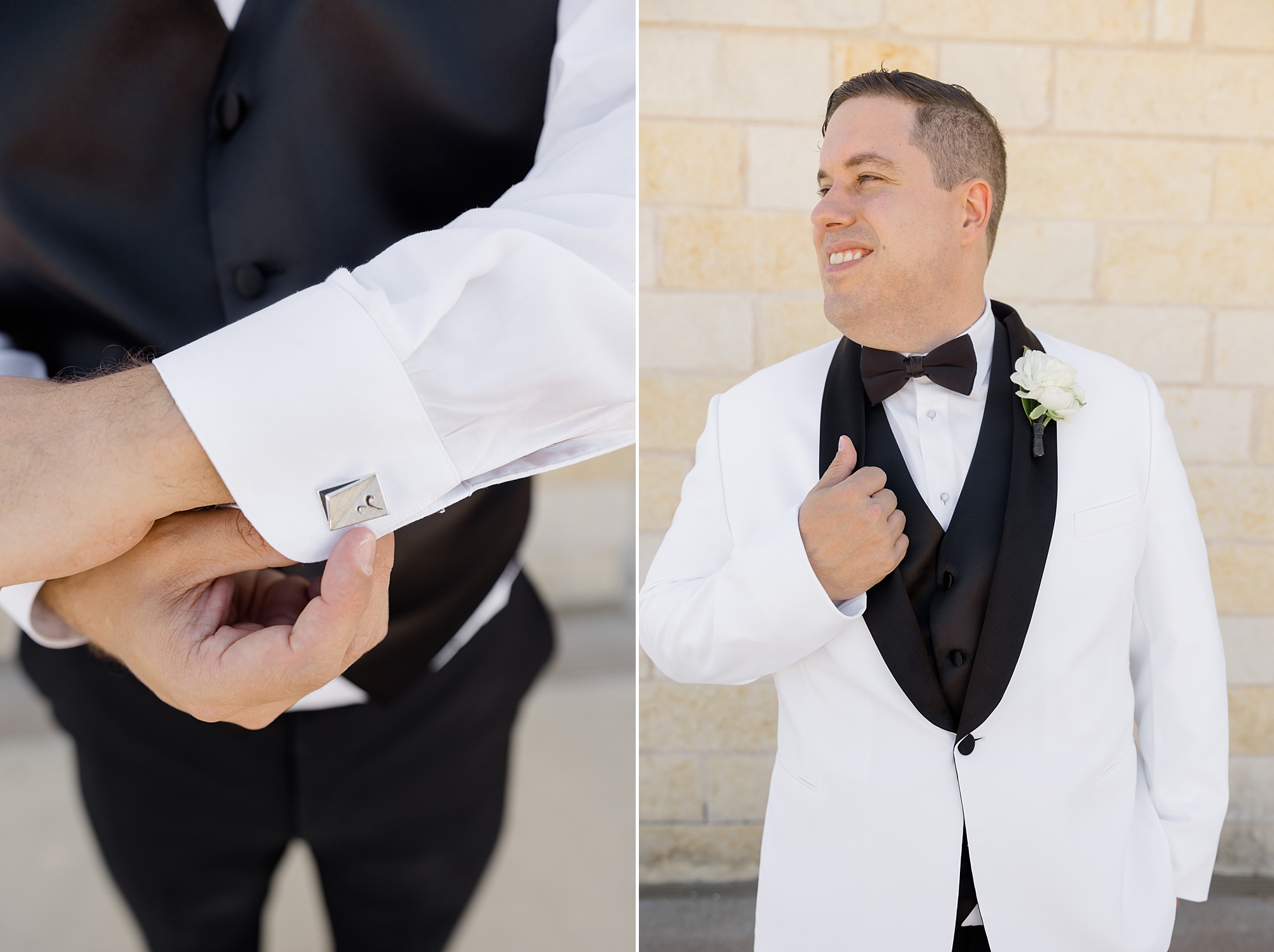 groom stands looking over shoulder in white jacket with black lapels 