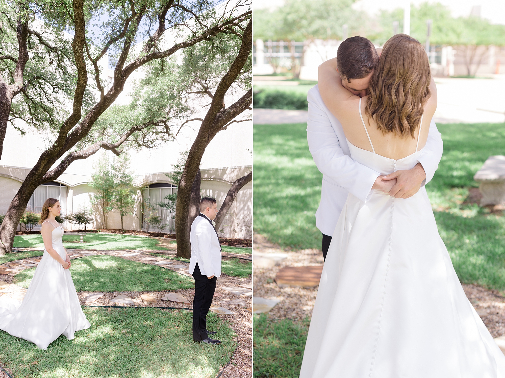 groom hugs bride during first look outside church in Texas 