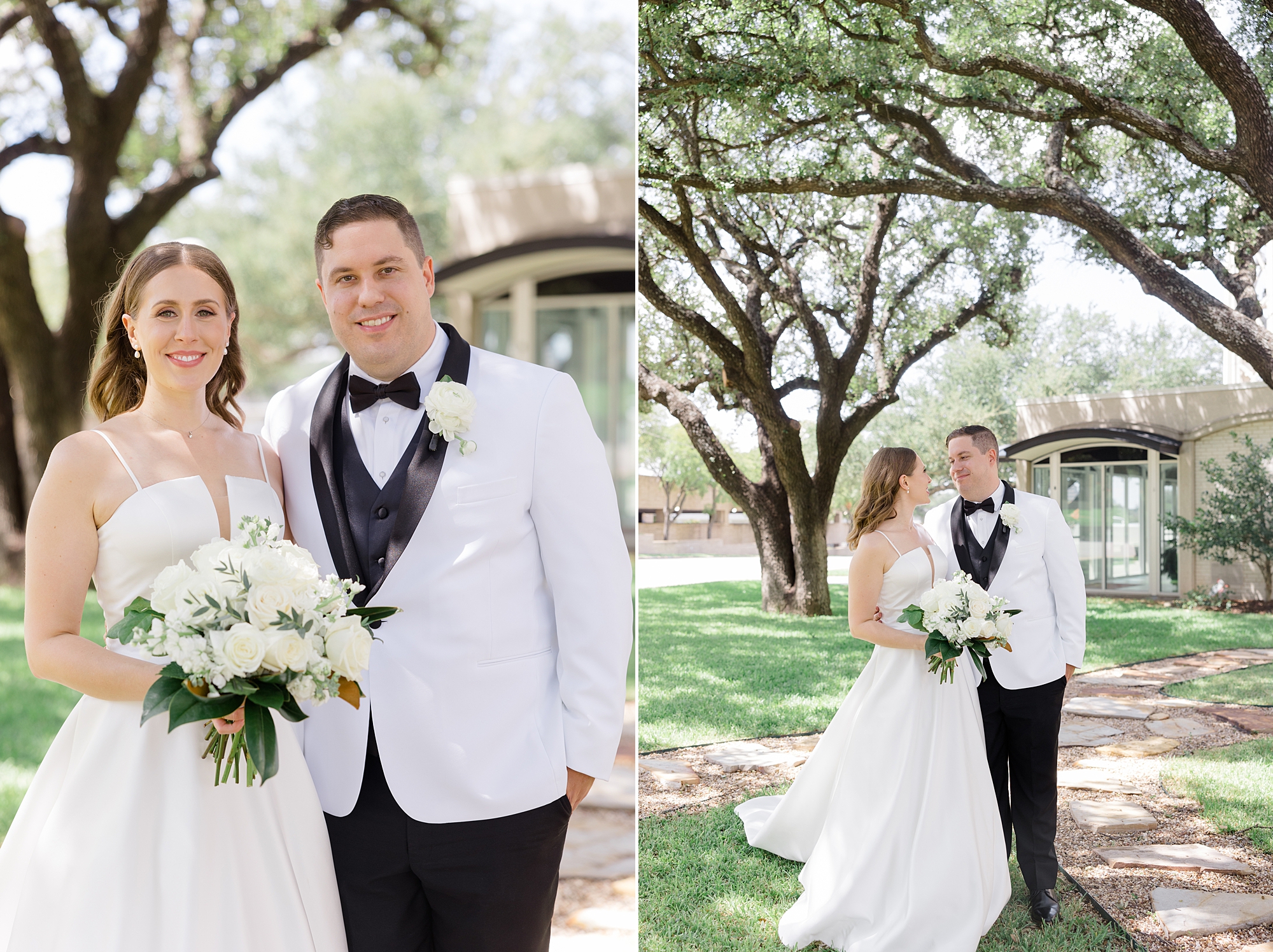 bride stands hugging groom under trees in Fort Worth TX