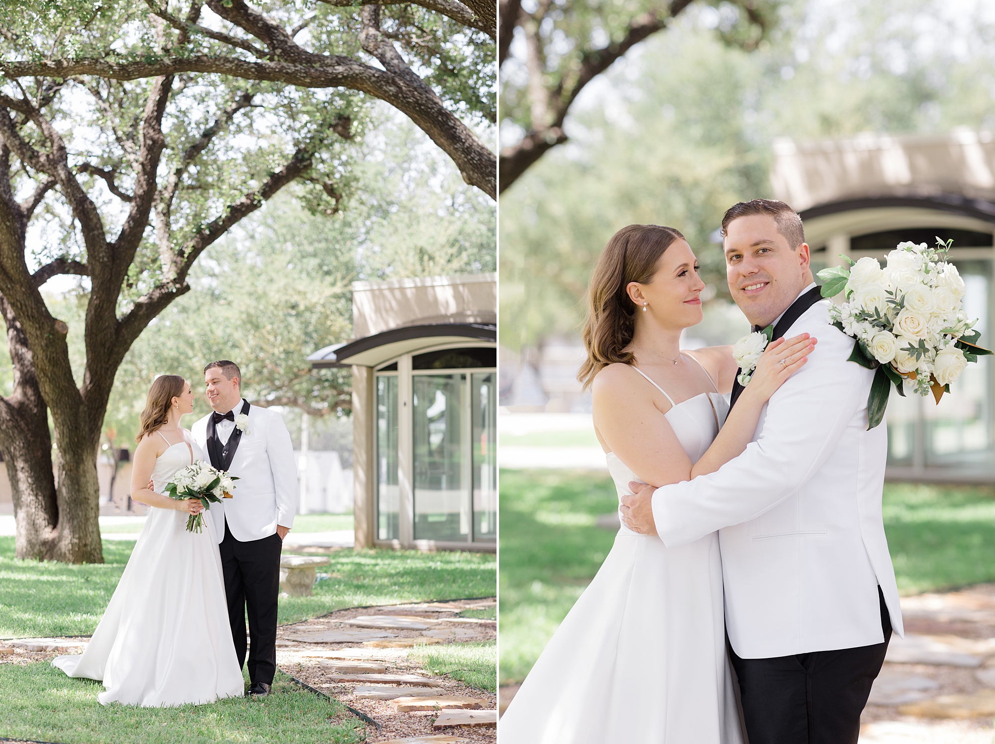 bride and groom hug on lawn in Fort Worth TX