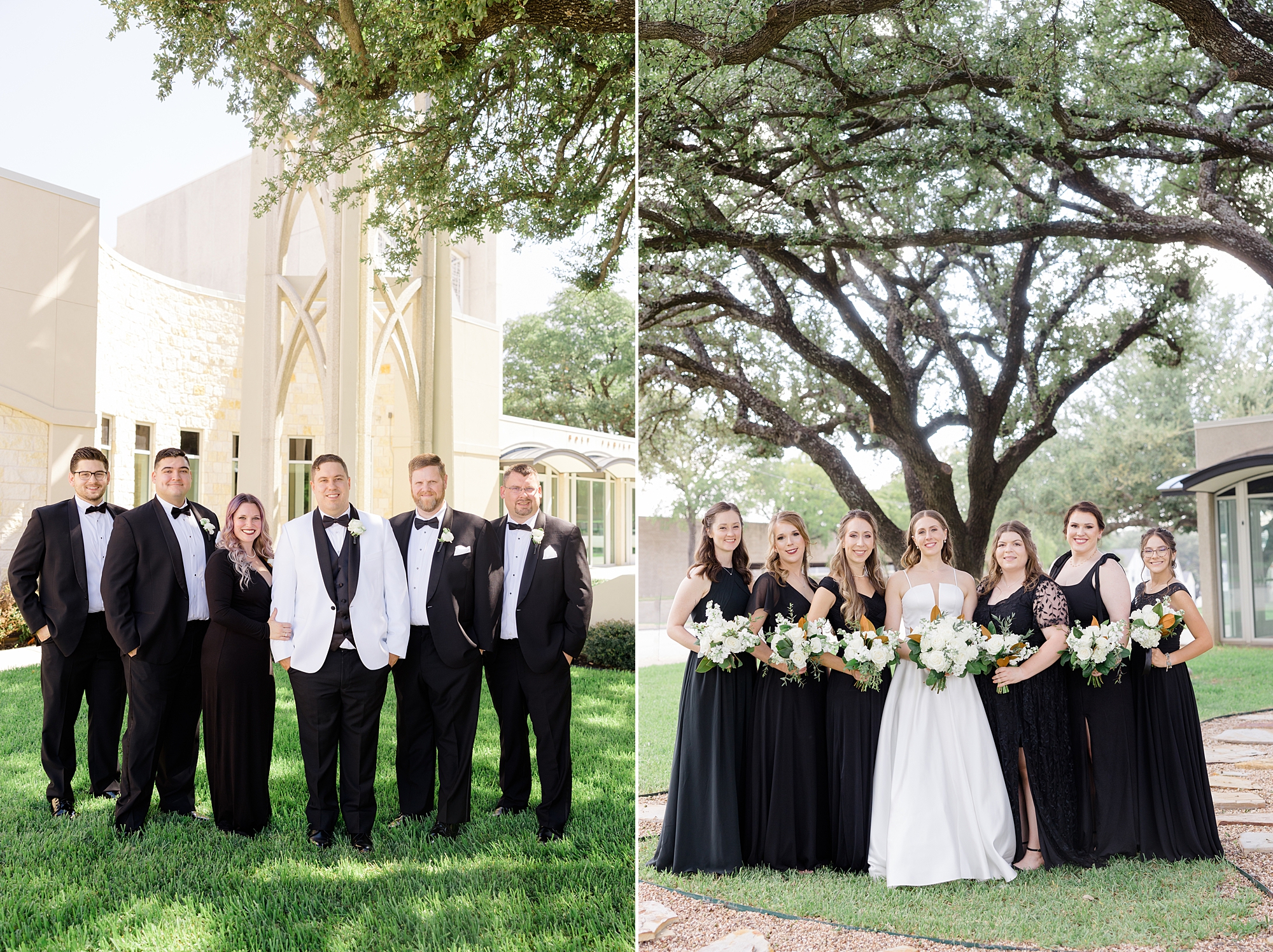 bride and groom pose with wedding party in black and white attire in Fort Worth TX