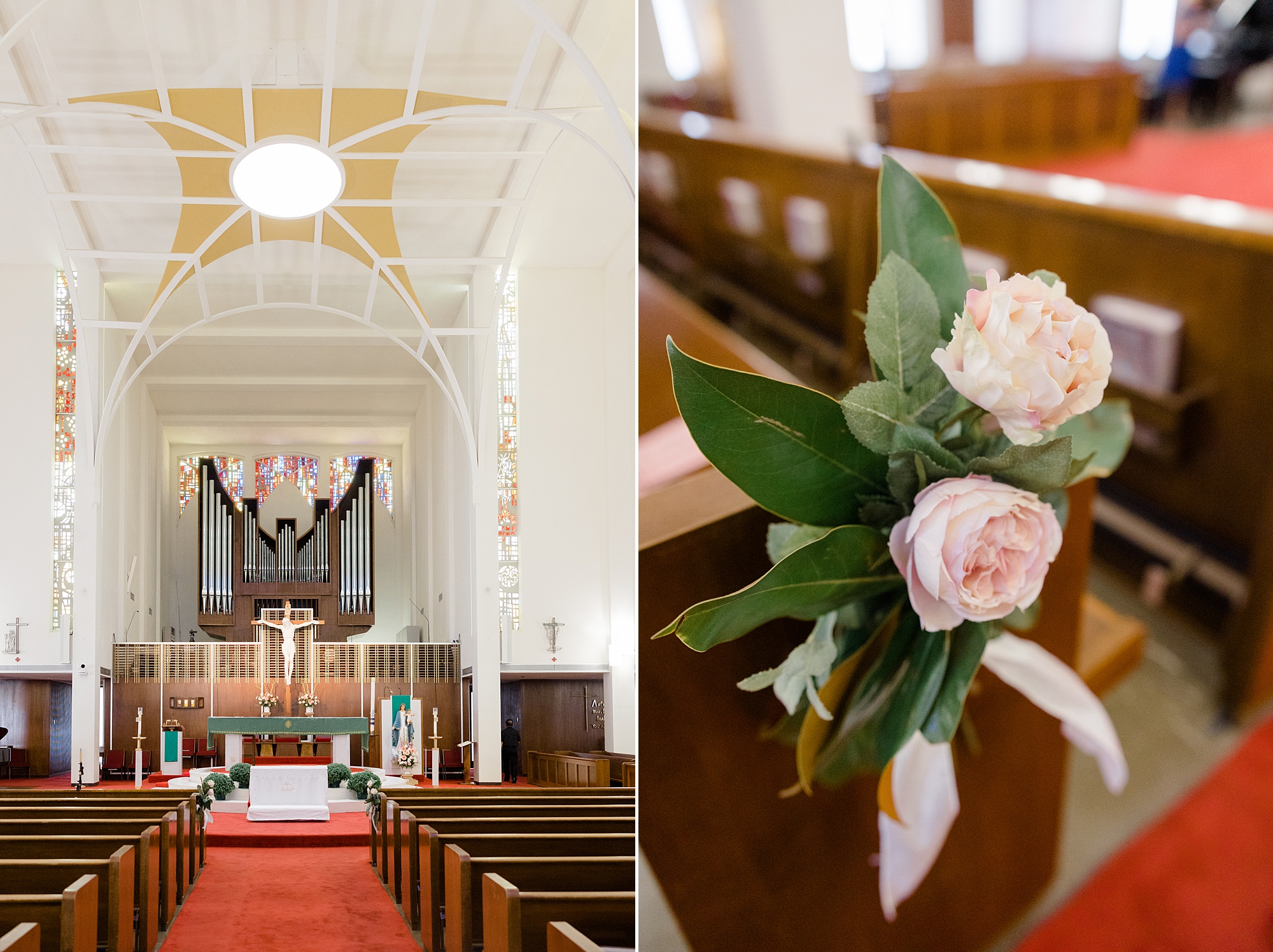 pink floral accents on pews at Holy Family Catholic Church