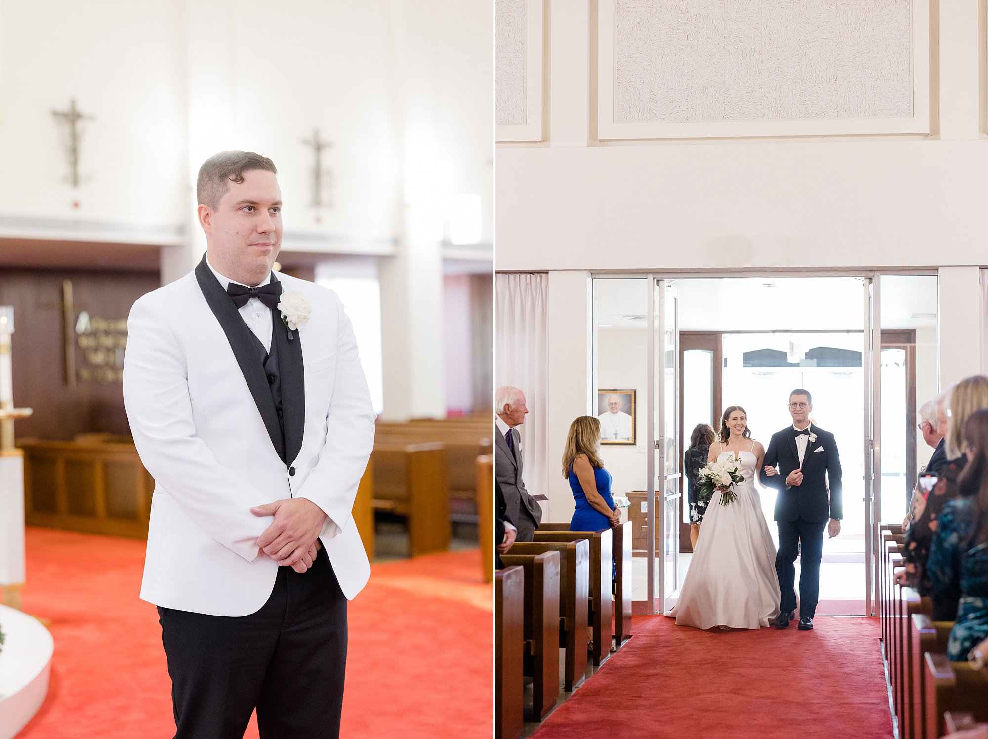 groom watches bride walk down aisle at Holy Family Catholic Church