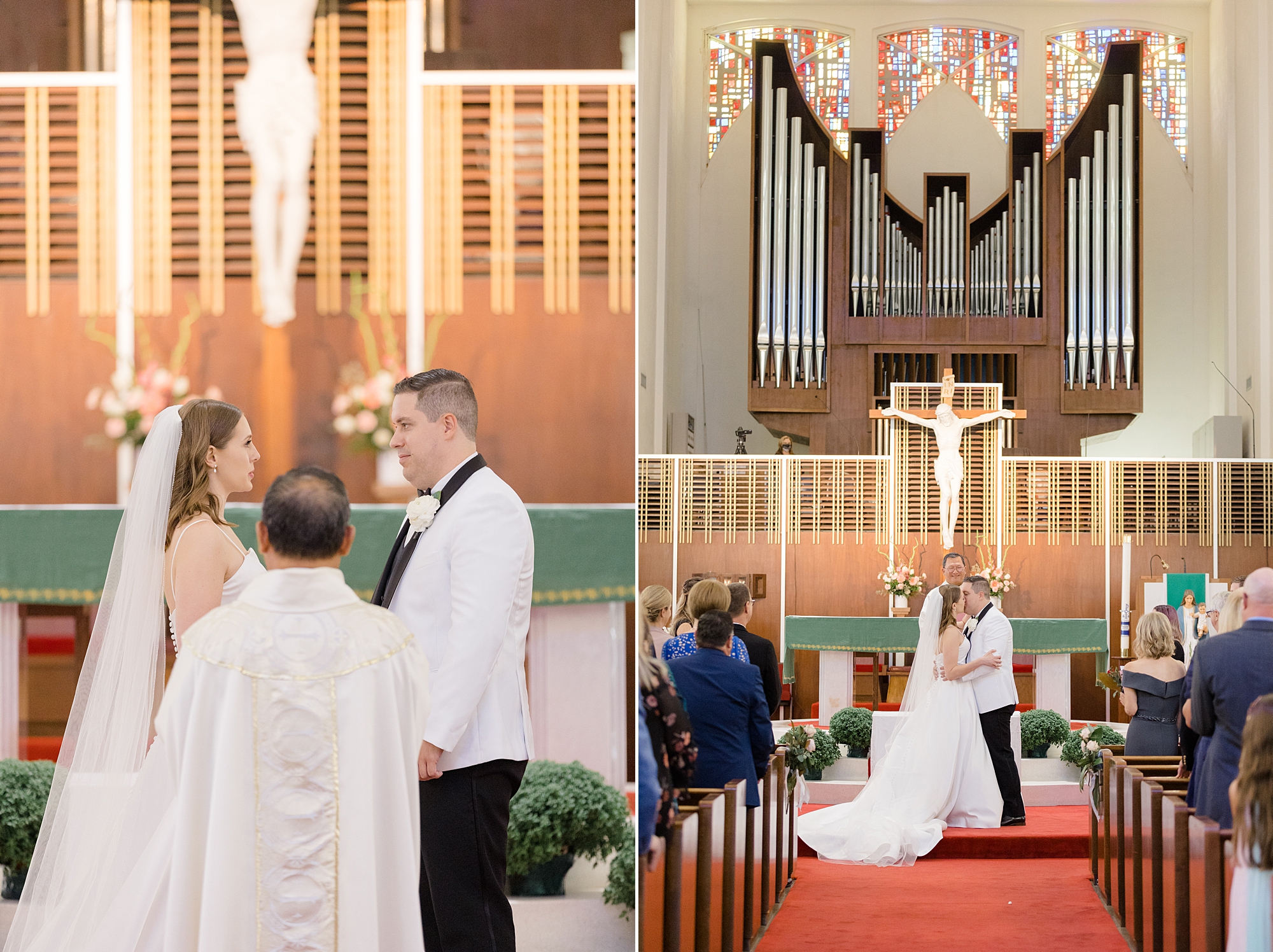 Holy Family Catholic Church wedding ceremony for bride and groom holding hands 