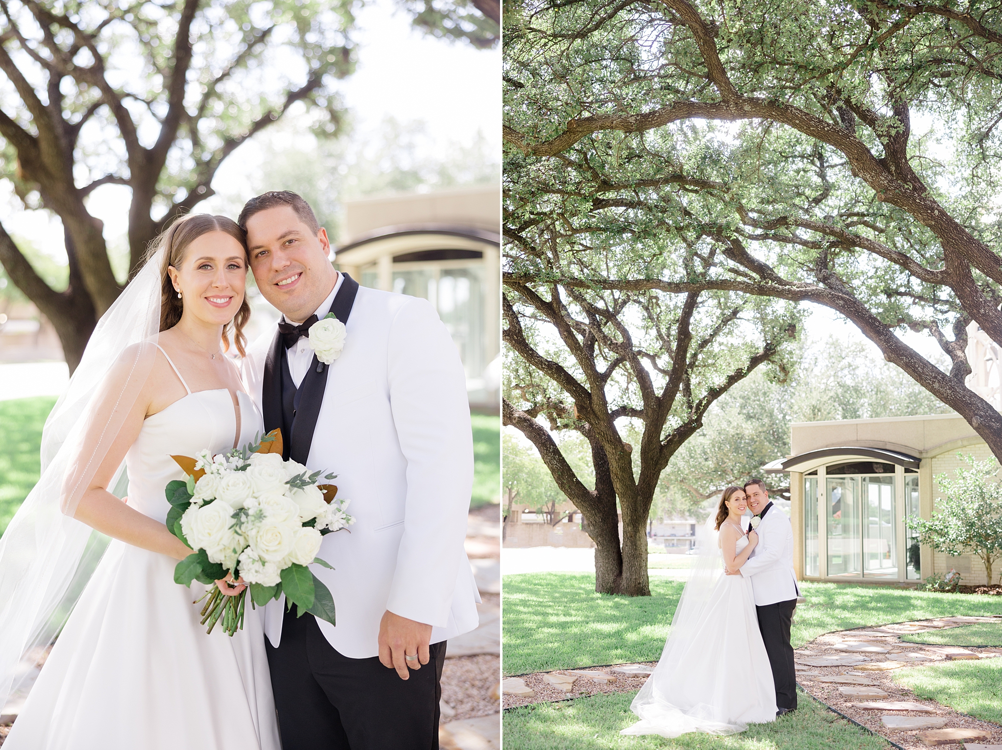bride and groom hug under trees in Fort Worth TX