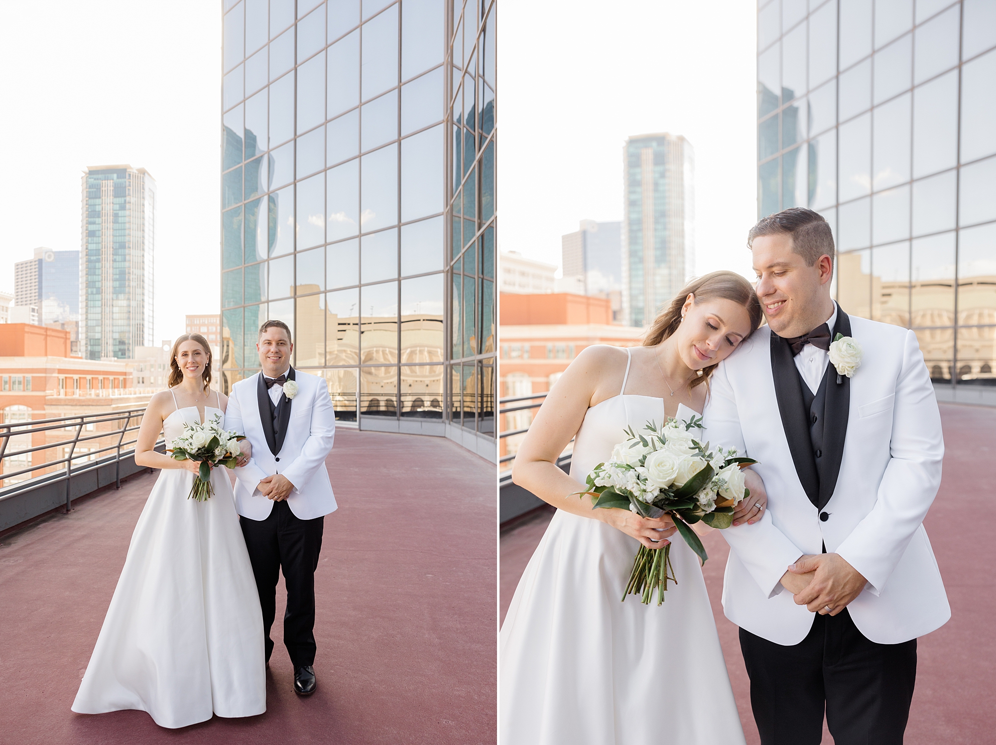 bride leans her head on groom's shoulder outside Fort Worth City Club 