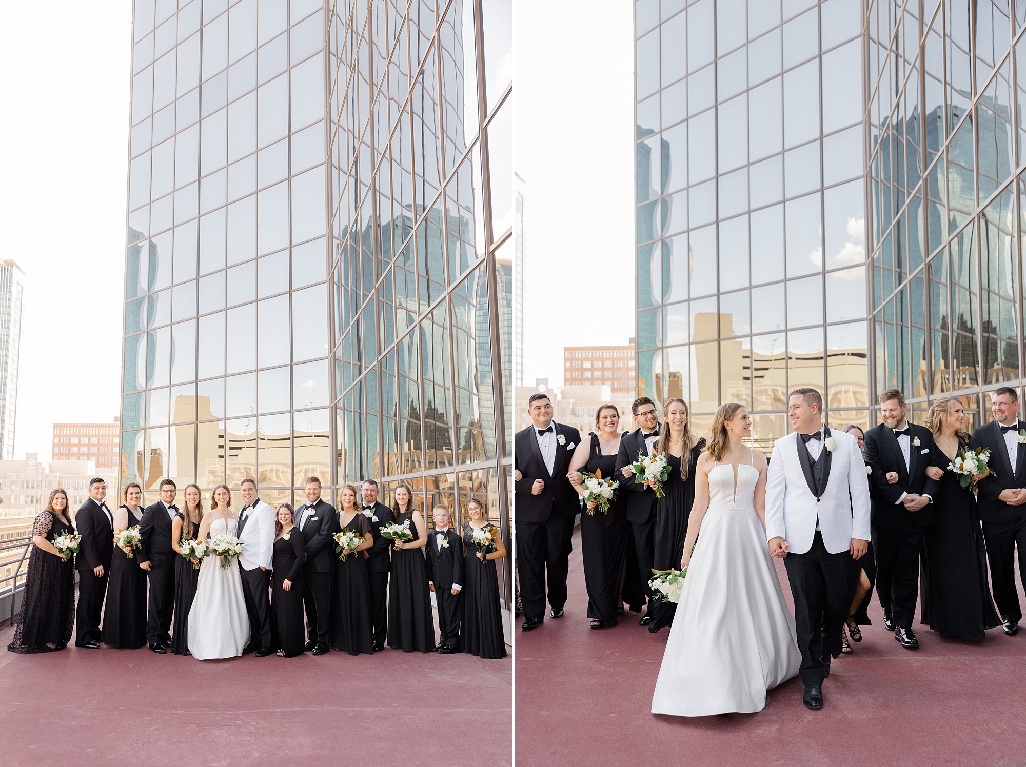 bride and groom walk with wedding party outside the Fort Worth City Club