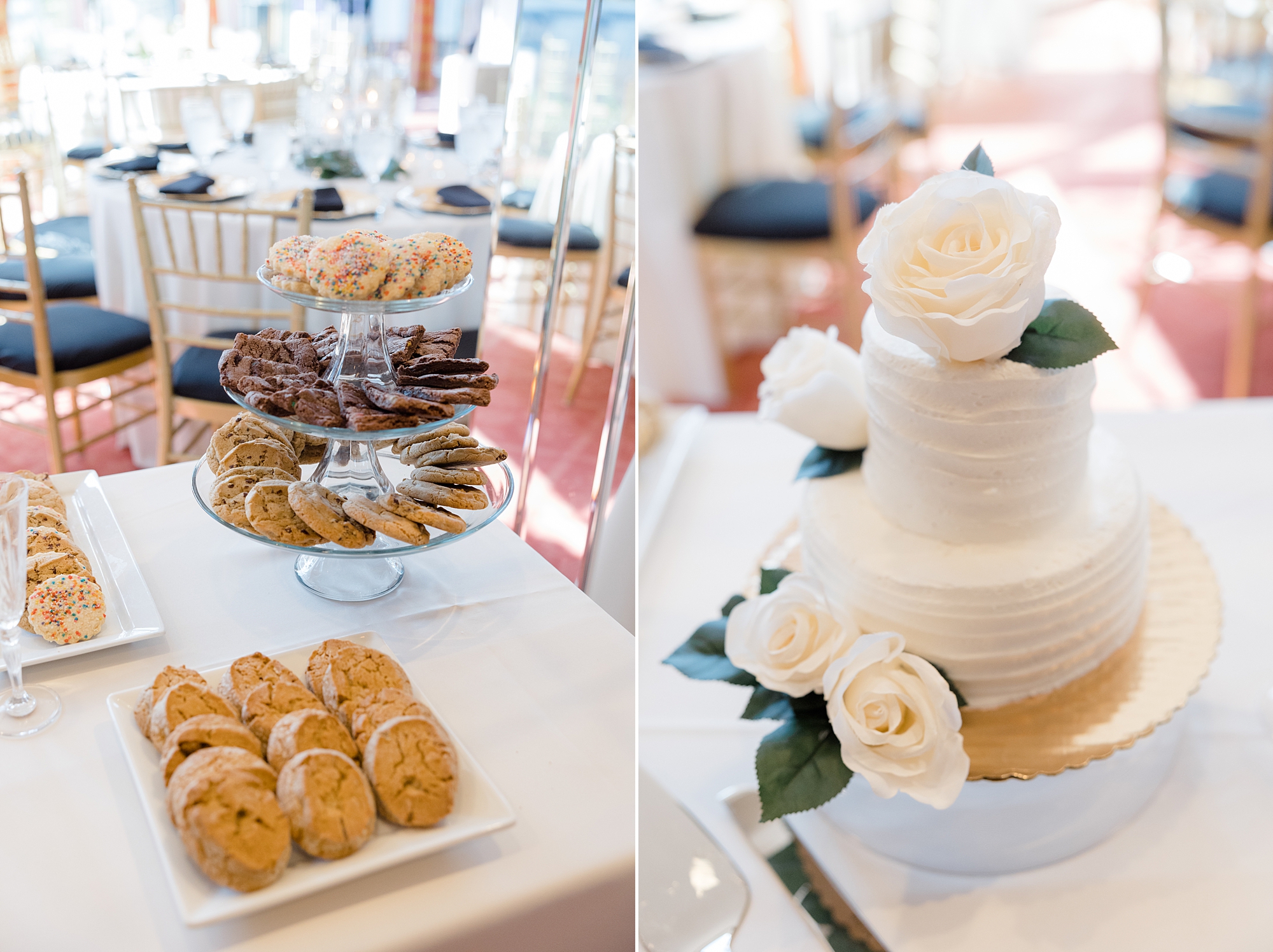 cookies and wedding cake on display for Fort Worth City Club wedding reception 