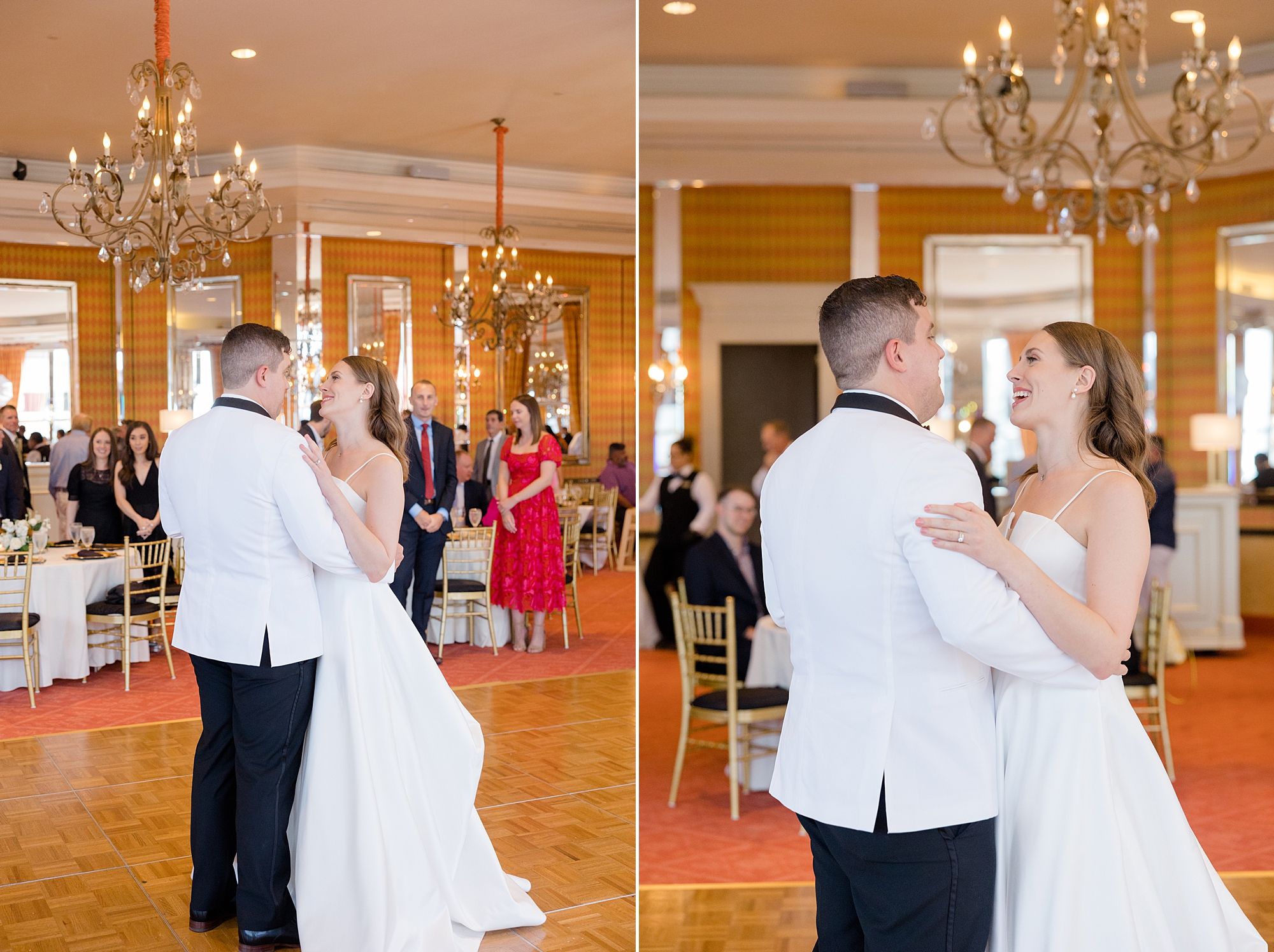 bride and groom have first dance on ballroom floor