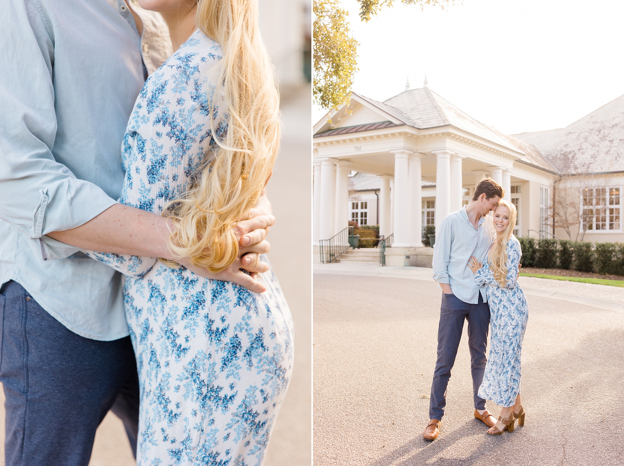 blonde woman in blue and white jumpsuit hugs man in blue button up shirt while he nuzzles her forehead 