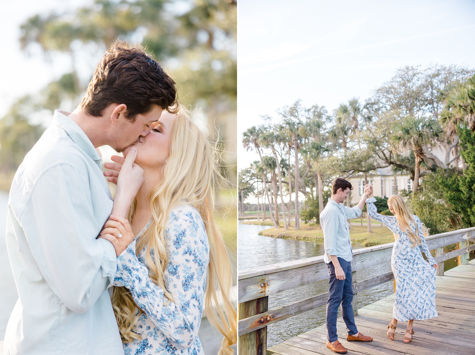 man kisses woman during engagement session on wooden dock on Kiawah Island