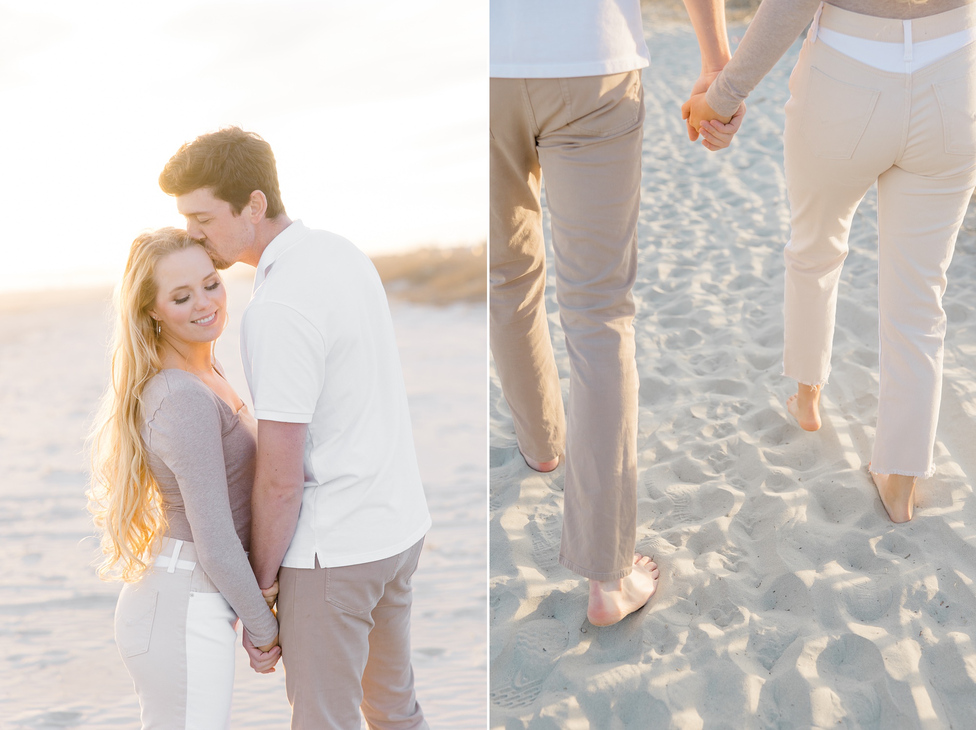 engaged couple holds hands walking on beach for engagement photos 