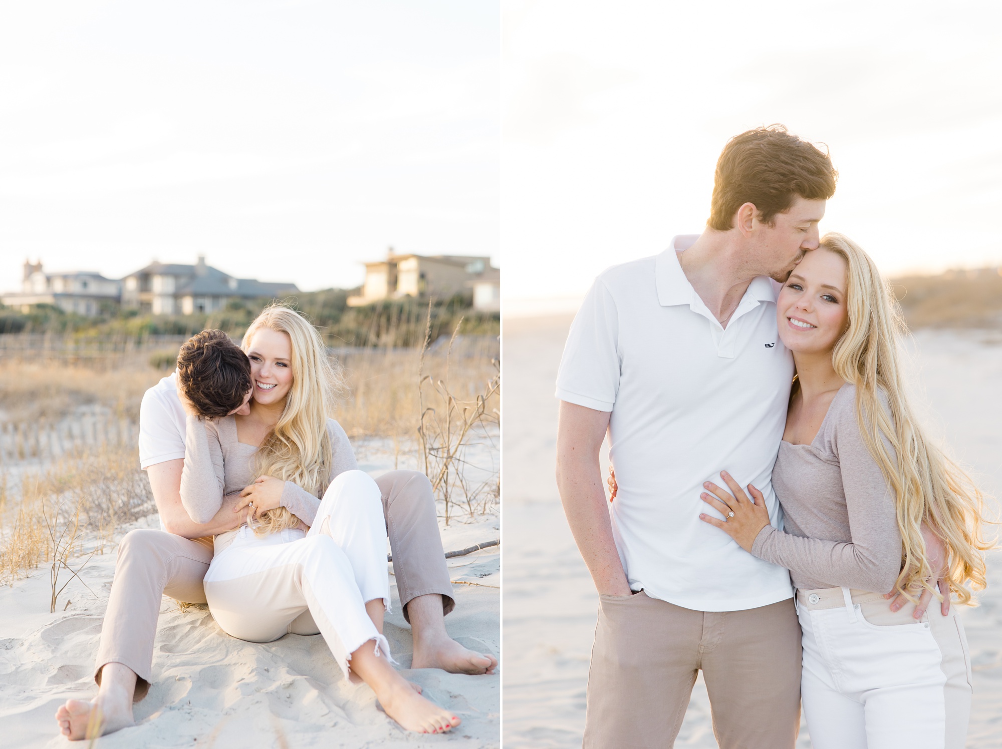couple hugs and sits on sand during winter beach engagement session