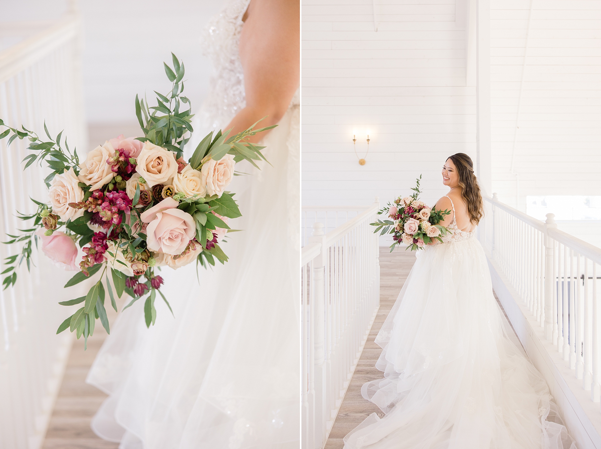 bride walks in wedding gown holding bouquet of pink roses to the side 
