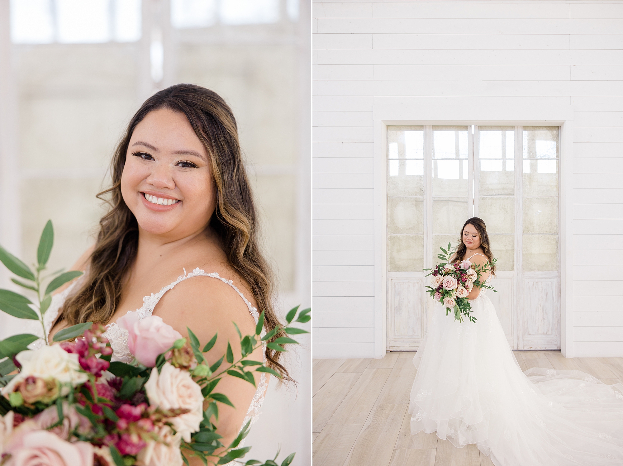 bride smiles with bouquet of pink flowers in Texas venue 