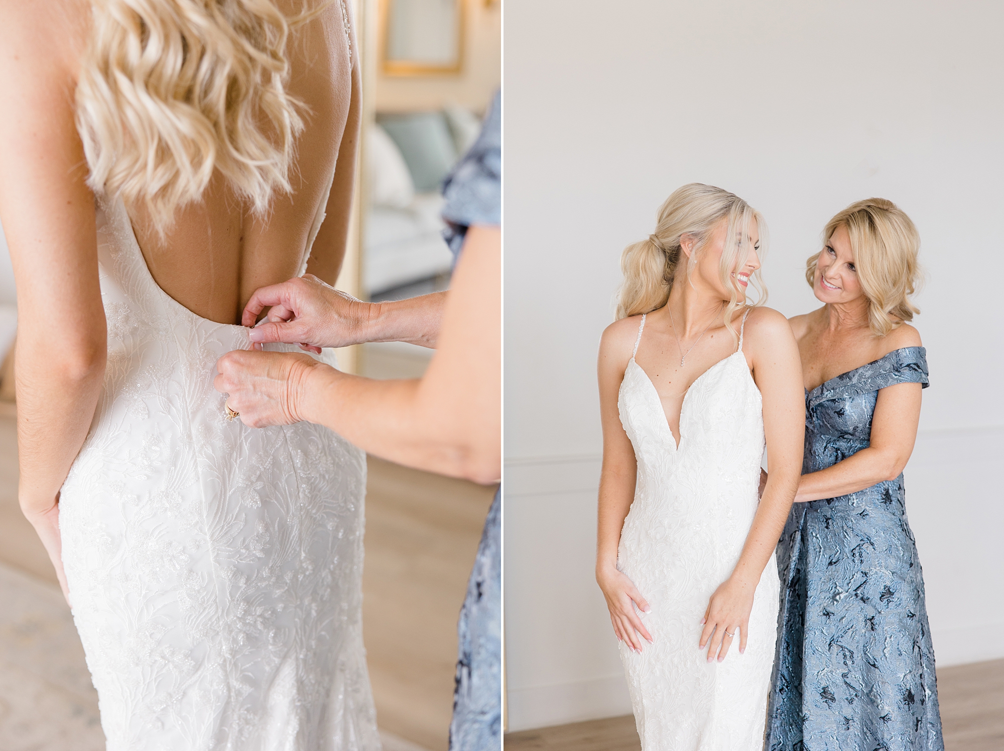 mother in blue dress helps bride with buttons on dress