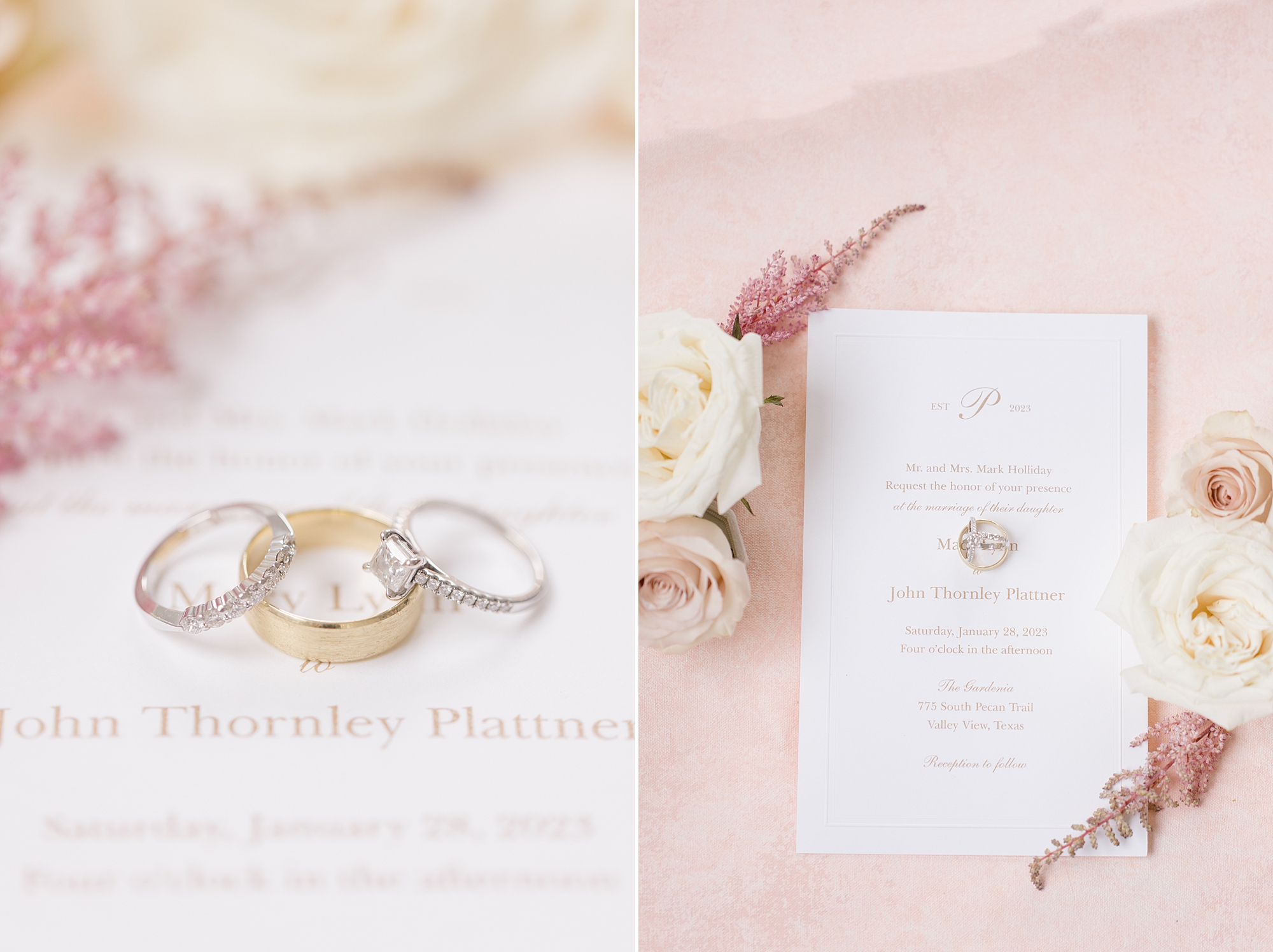 wedding rings rest on invitation suite for winter wedding at The Gardenia