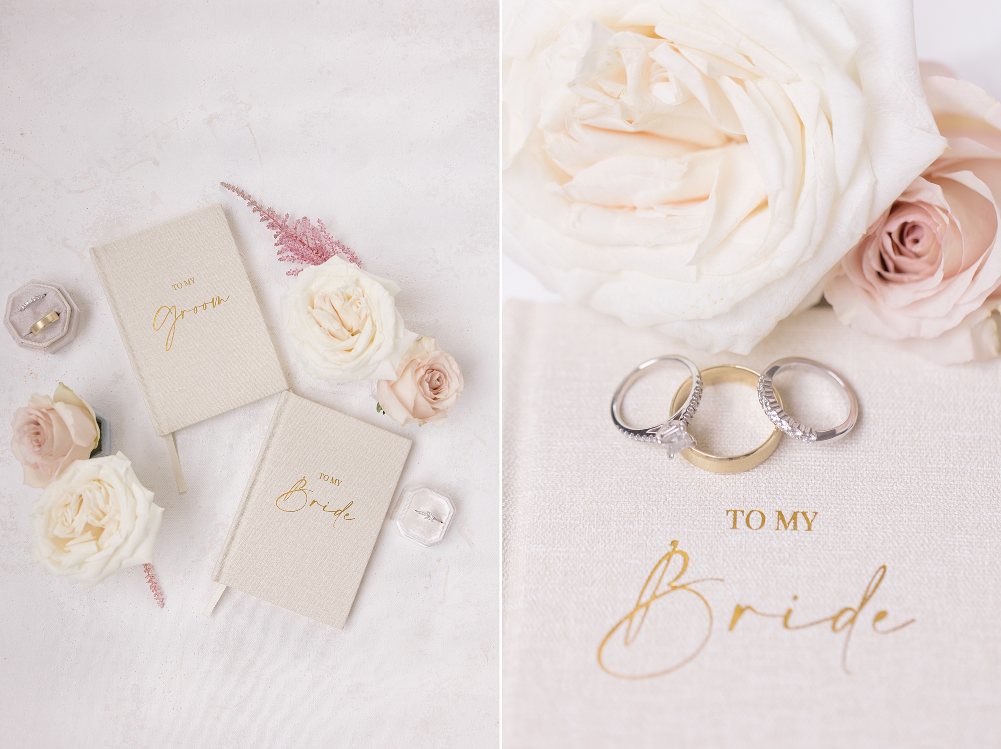 vow booklet and wedding bands near ivory rose 