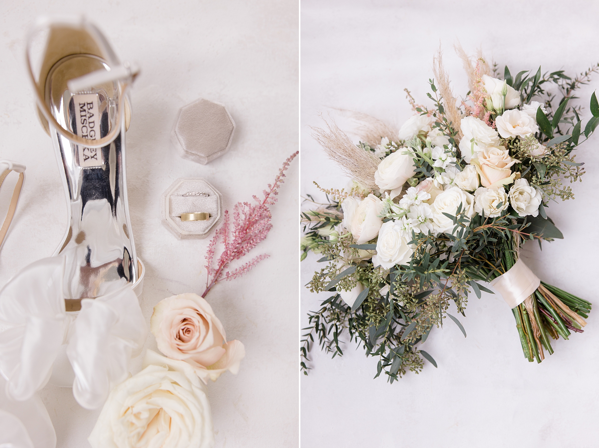 bride's pastel pink and ivory rose bouquet next to her shoes for wedding at The Gardenia