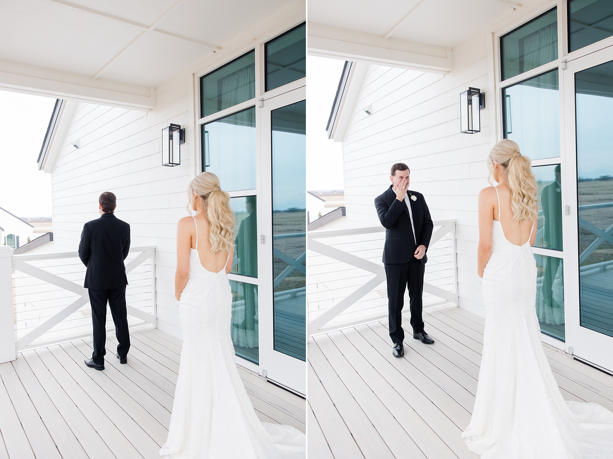 bride approaches dad for first look outside The Gardenia