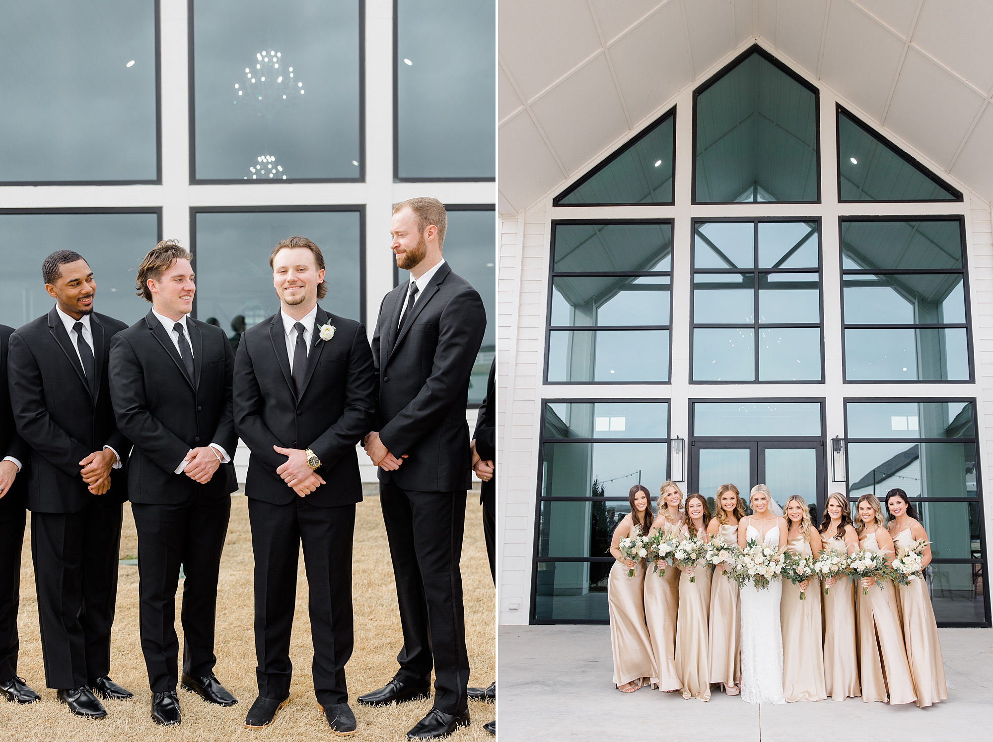 groom talks with groomsmen while bride poses with bridesmaids by windows at The Gardenia