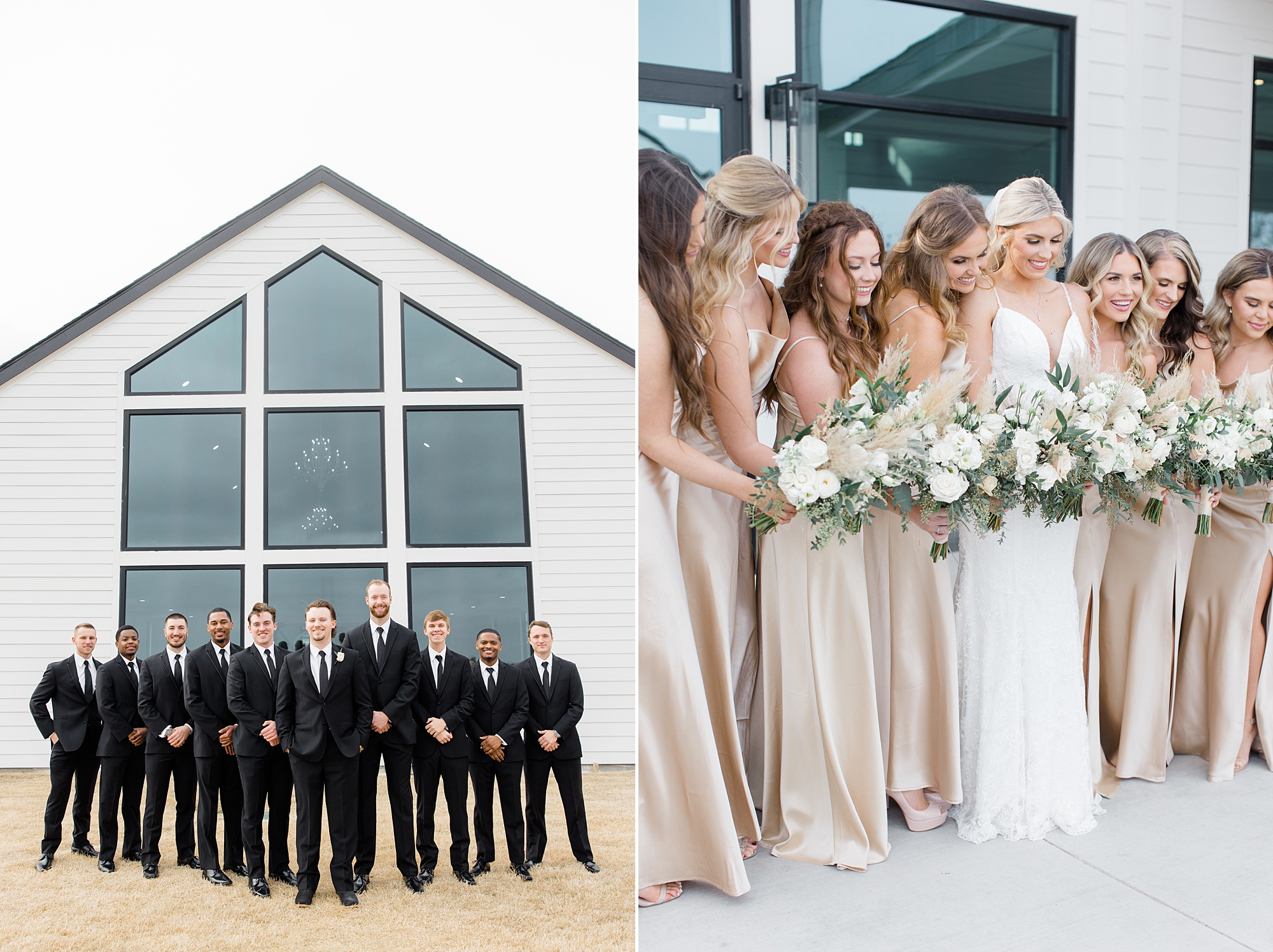 bridesmaids pose with bride and groomsmen stand behind groom in V formation 