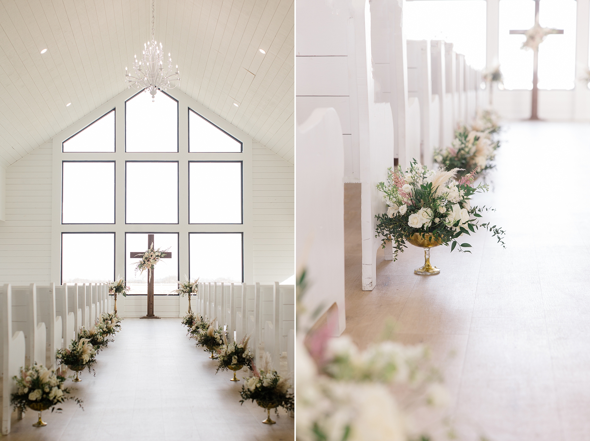 white flowers line pews in chapel at The Gardenia