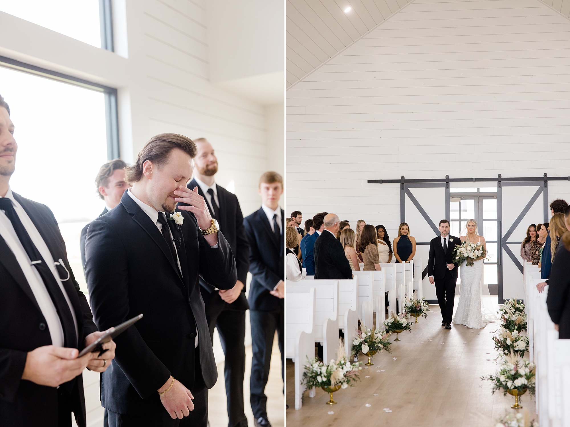 groom cries watching bride walk into wedding ceremony in the chapel at The Gardenia
