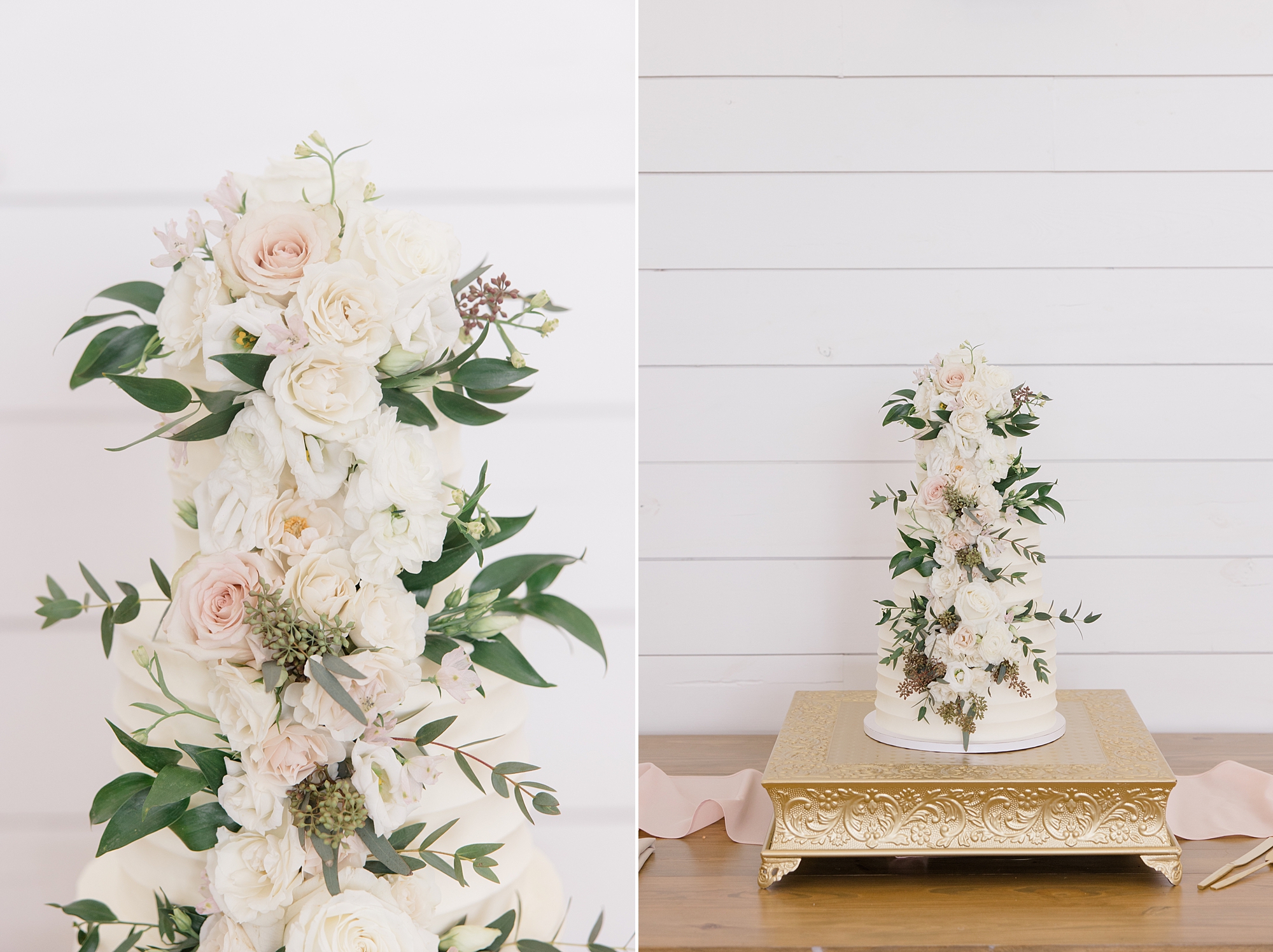 wedding cake with pink and ivory flowers by shiplap wall at The Gardenia