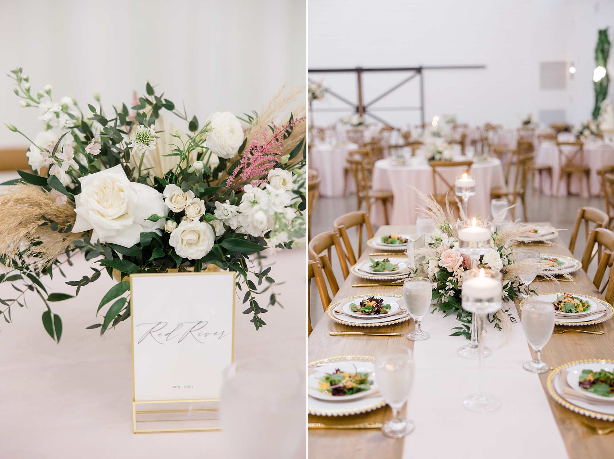 family style table for reception at The Gardenia with ivory and pink flowers 