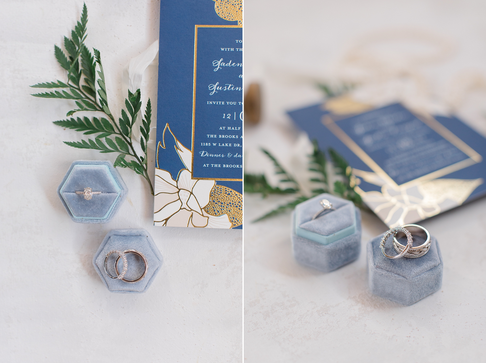 bride's rings rest in light blue boxes 
