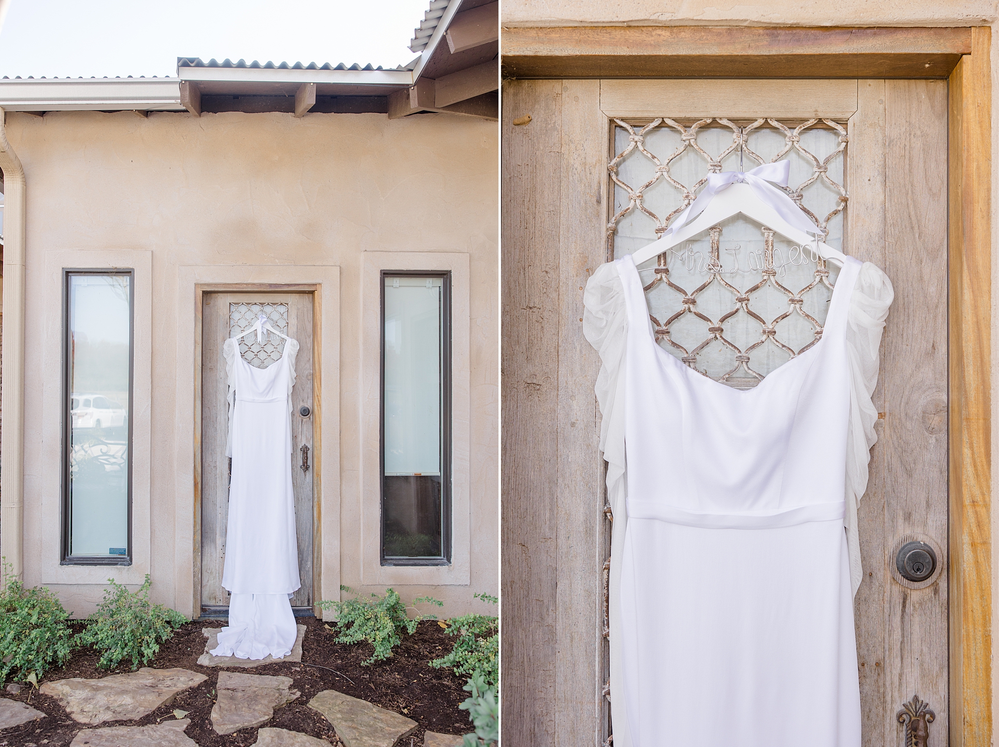 wedding dress hangs on side of door at The Brooks at Weatherford 