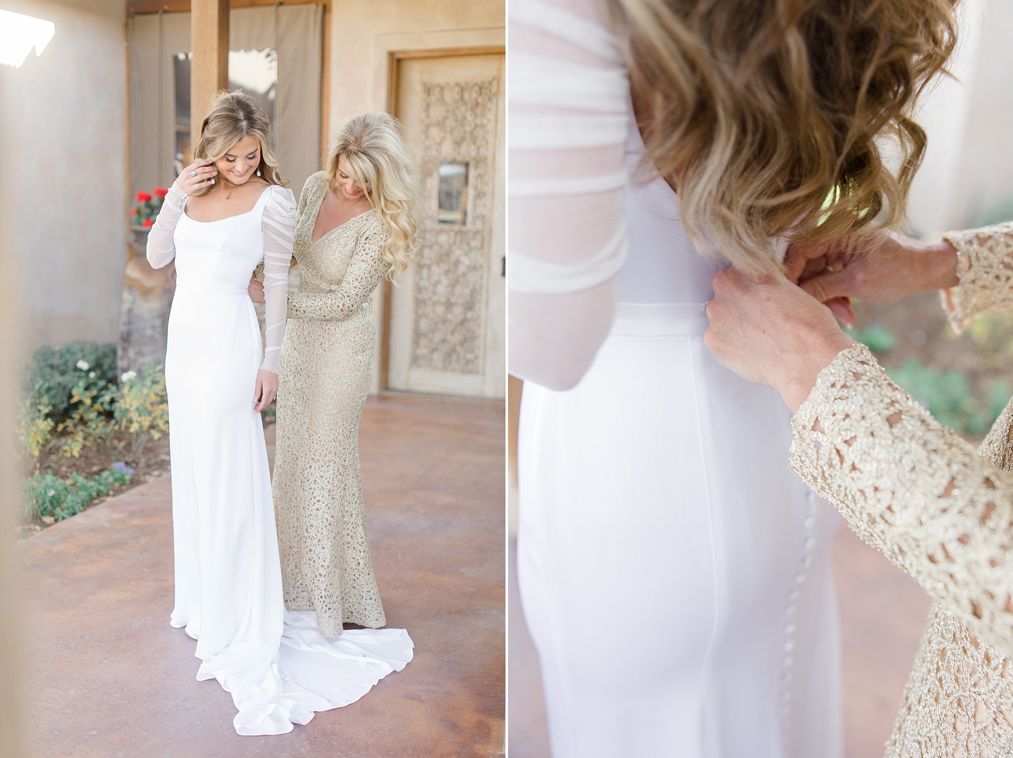 mother helps bride into wedding gown with lace sleeves 