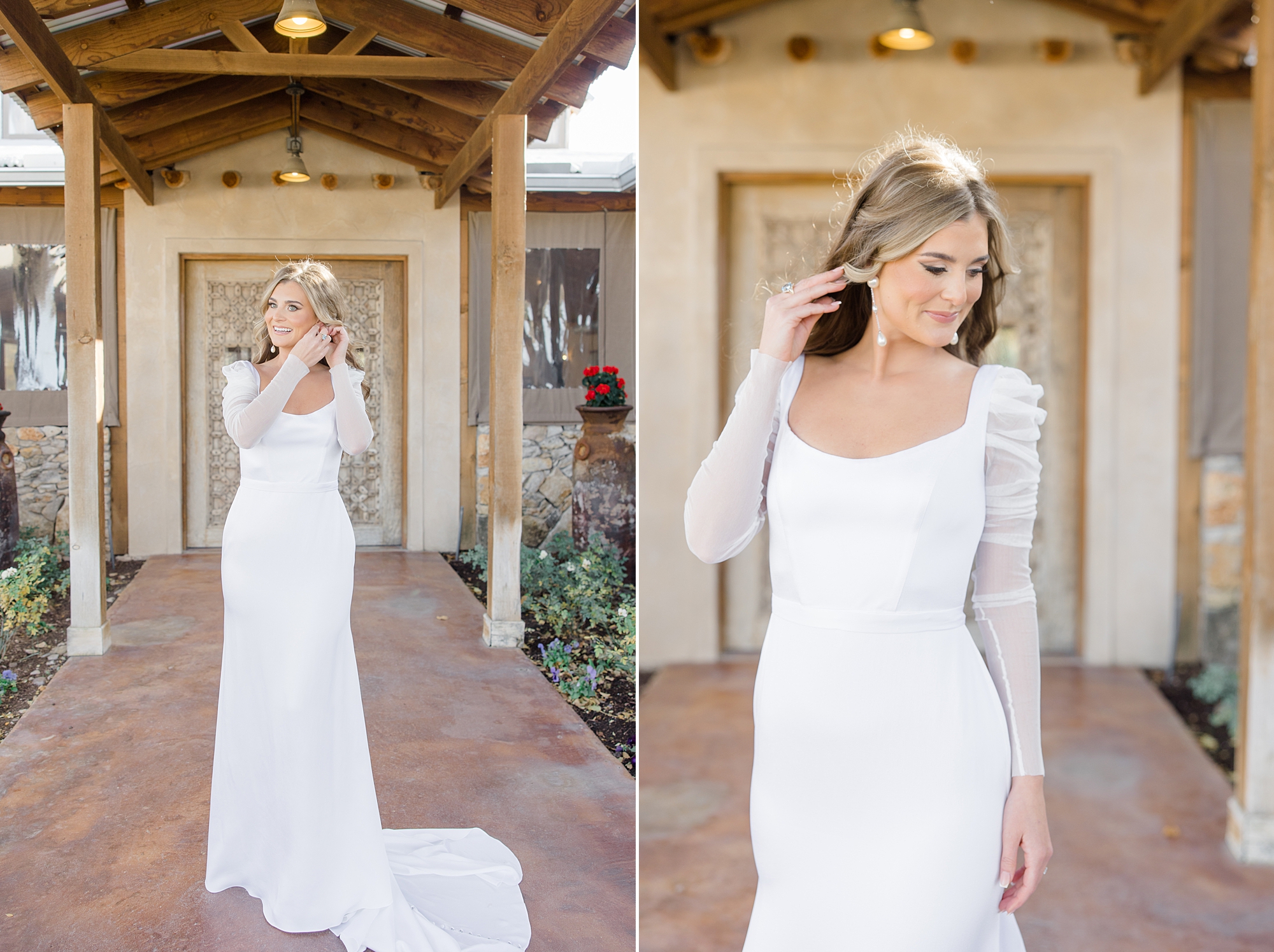 bride pushes blonde hair over shoulder in wedding gown with gauze sleeves 